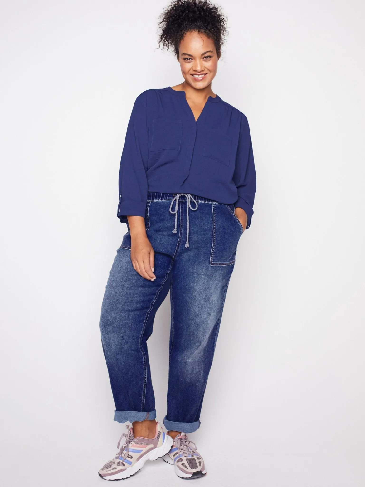 Westport Knit Denim Weekender Pant with Pockets and Drawstring Waist  - Plus