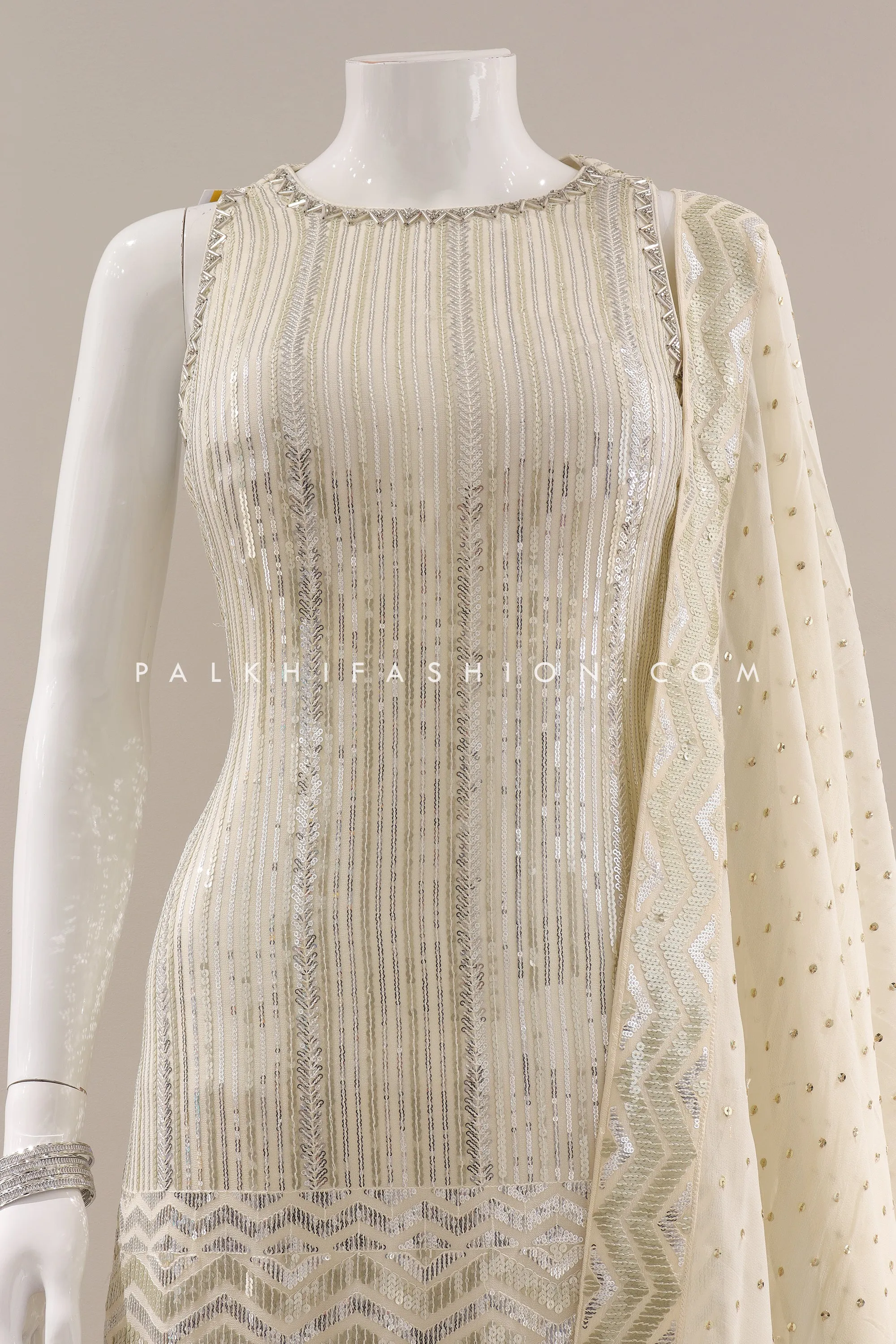 White Pearl: Embroidered Gharara Outfit with Attractive Pattern