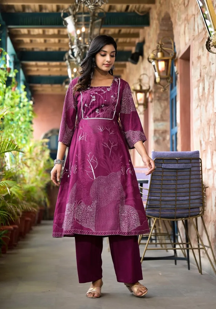 Wine Abstract Printed Liva Rayon A-Lined Kurta Pant And Dupatta Set With Doris At Waist