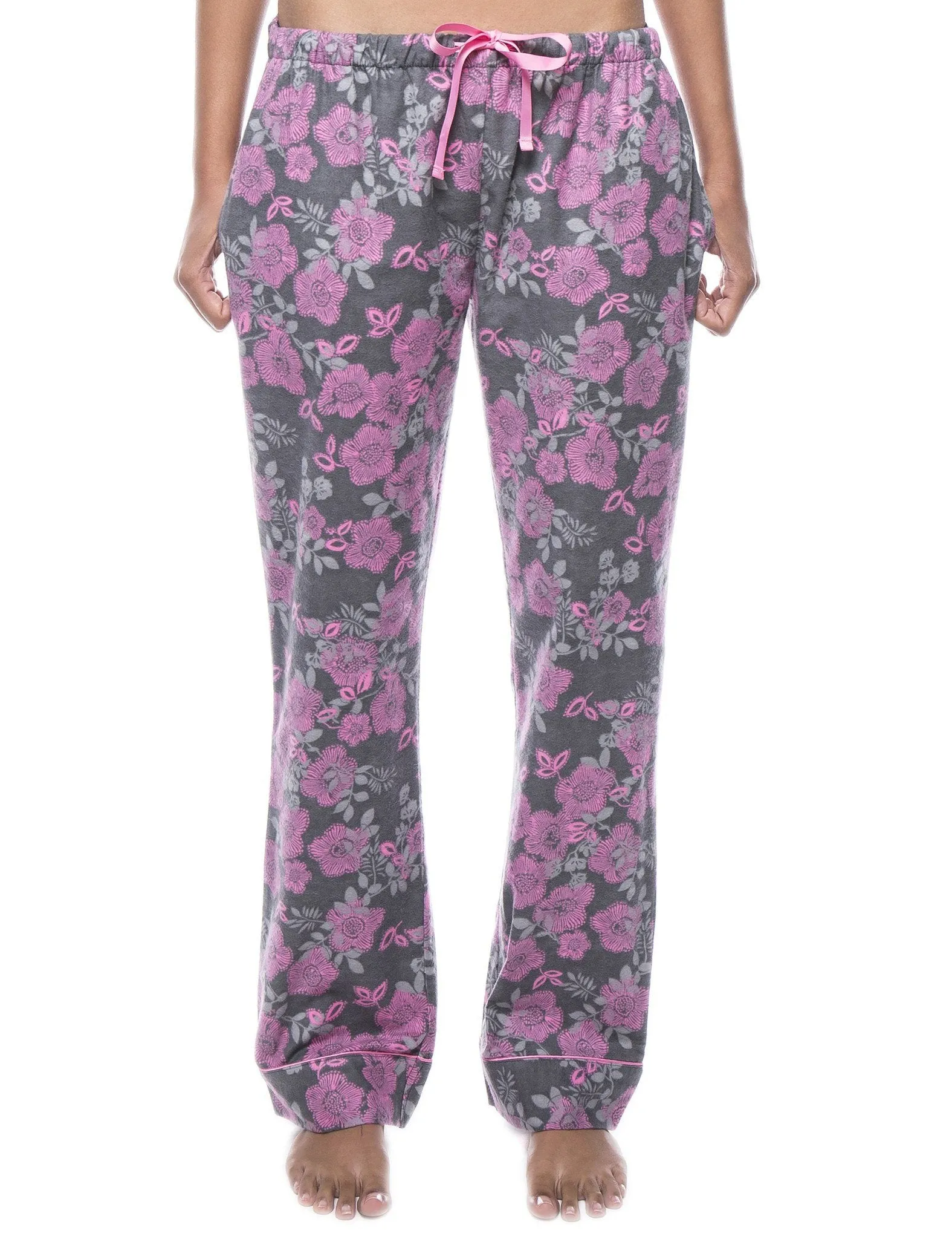 Womens 100% Cotton Flannel Lounge Pants - Floral Grey/Pink