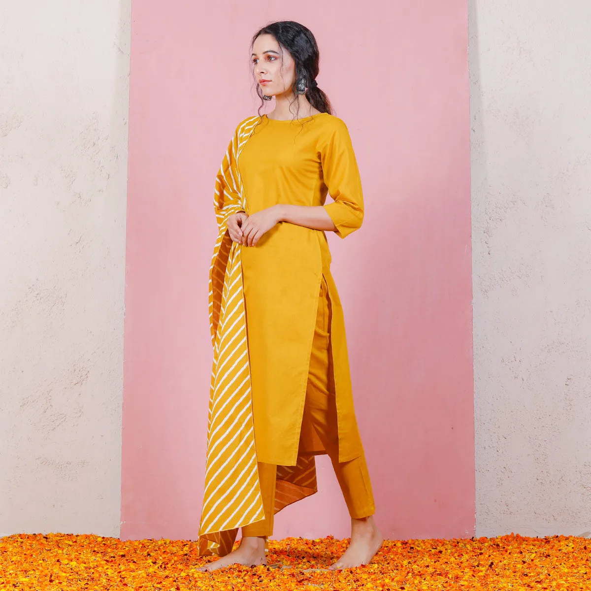 Yellow Kurta Set with Straight Pants & Dupatta