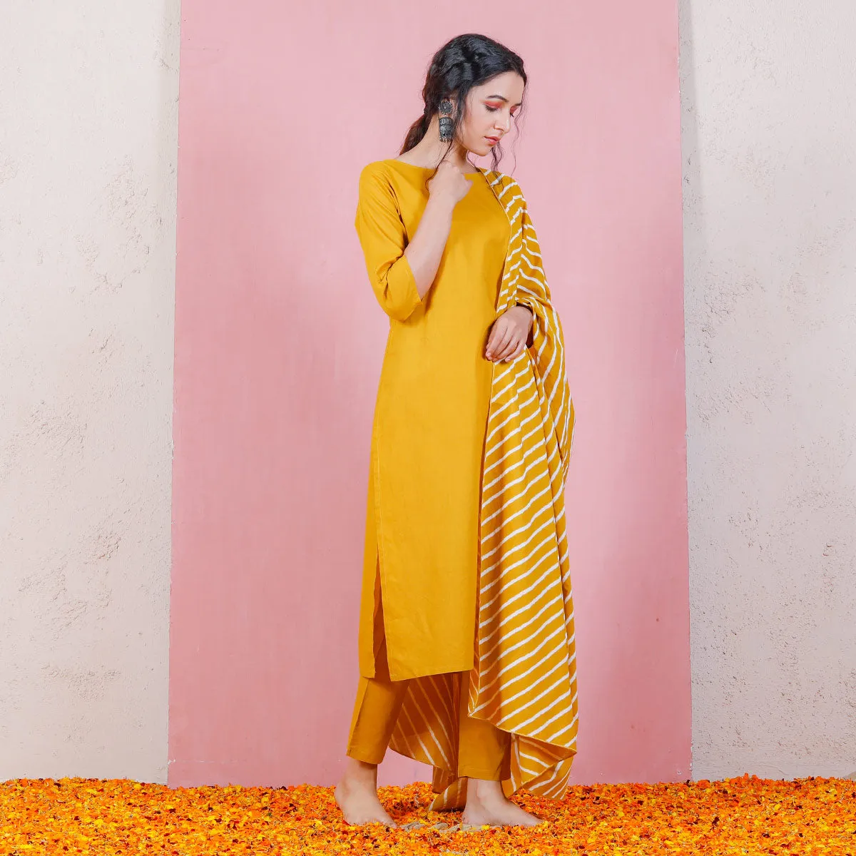 Yellow Kurta Set with Straight Pants & Dupatta