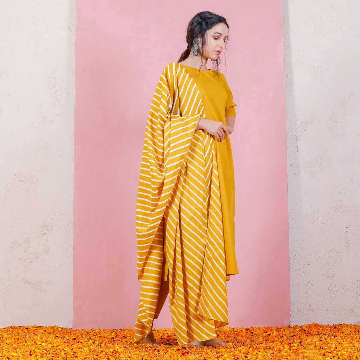 Yellow Kurta Set with Straight Pants & Dupatta