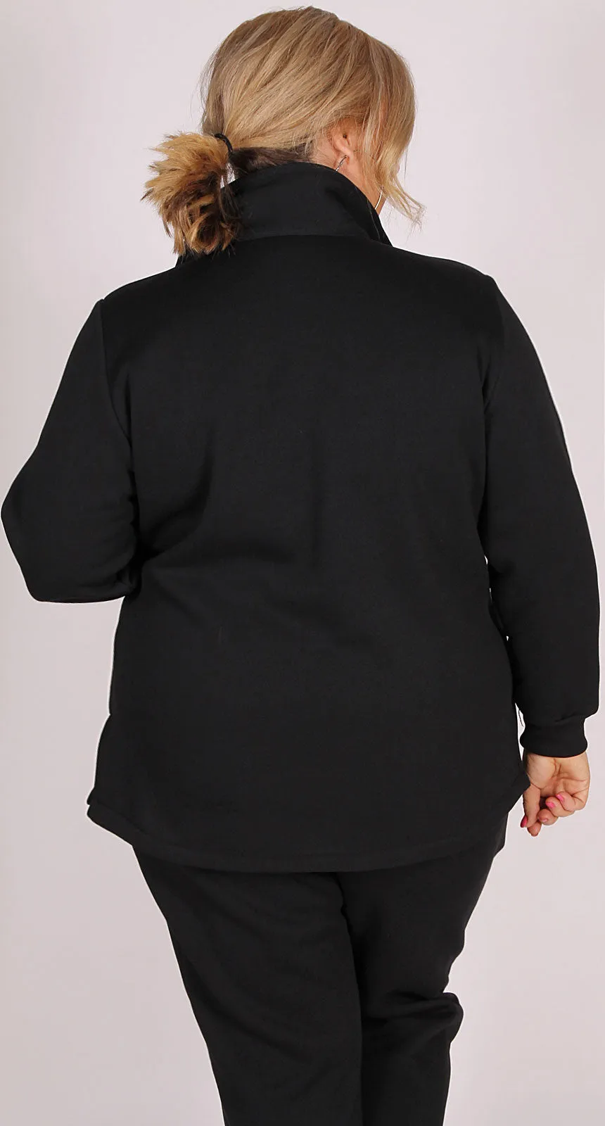 Zip Tab Chevron Stitch Fleece Top Black